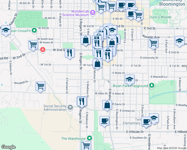 map of restaurants, bars, coffee shops, grocery stores, and more near 303 West Dodds Street in Bloomington