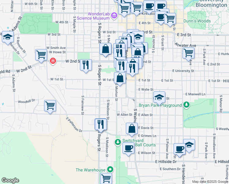 map of restaurants, bars, coffee shops, grocery stores, and more near 303 West Dodds Street in Bloomington