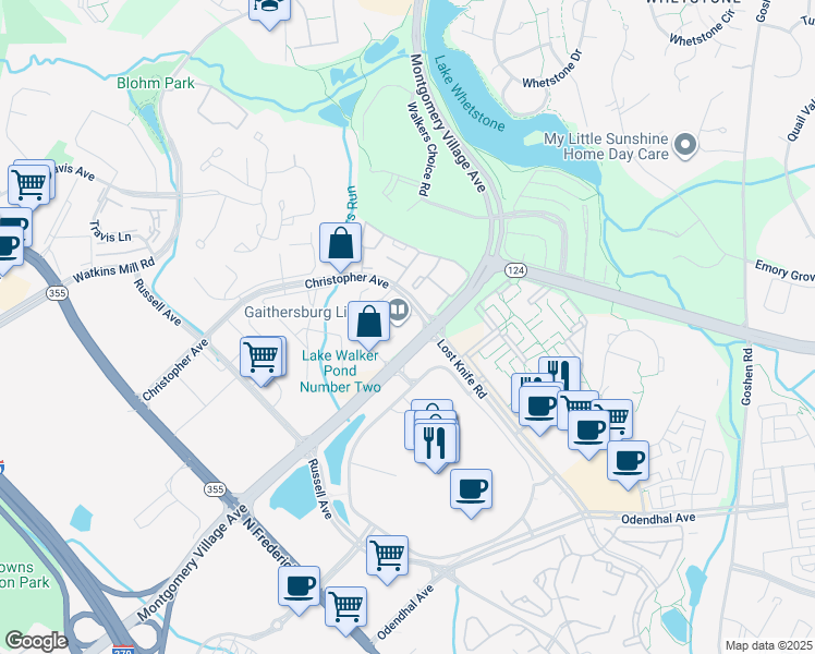 map of restaurants, bars, coffee shops, grocery stores, and more near 18330 Montgomery Village Avenue in Gaithersburg
