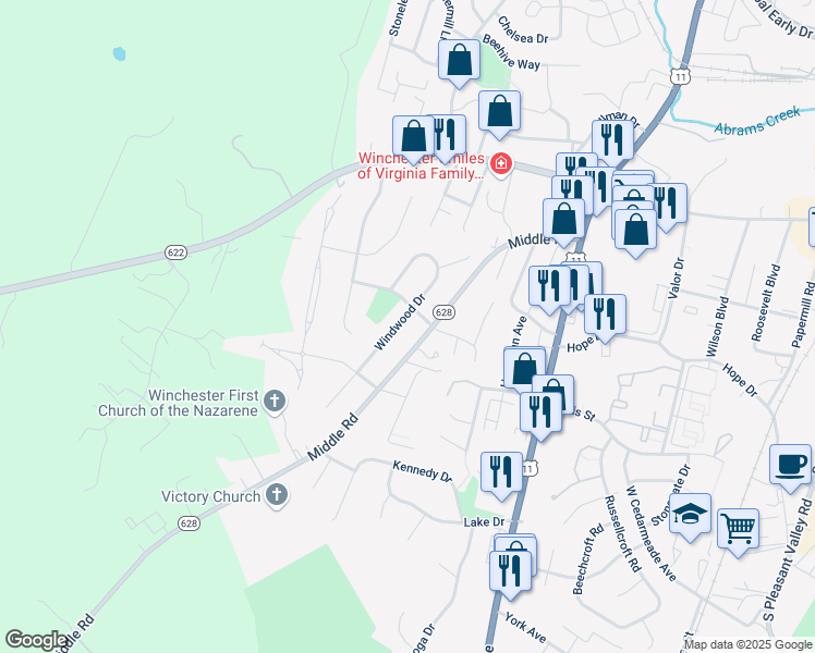 map of restaurants, bars, coffee shops, grocery stores, and more near 2624 Windwood Drive in Winchester