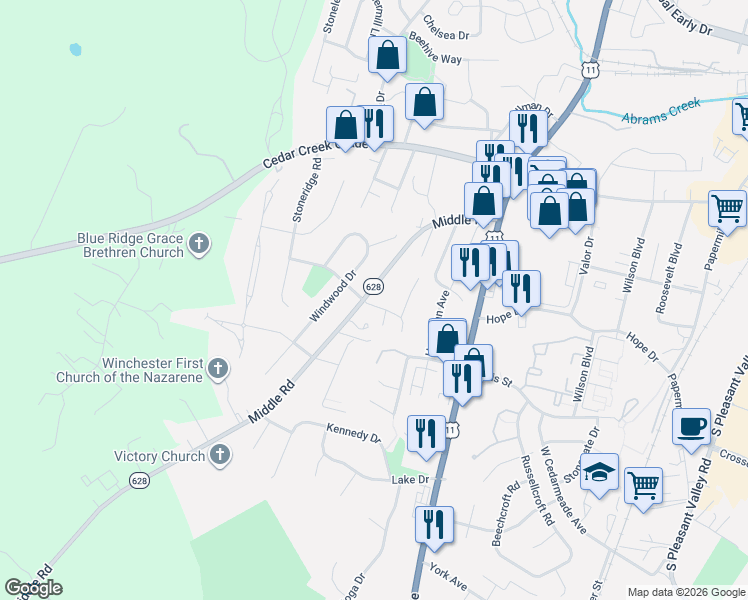 map of restaurants, bars, coffee shops, grocery stores, and more near 2601 Cedar Circle in Winchester