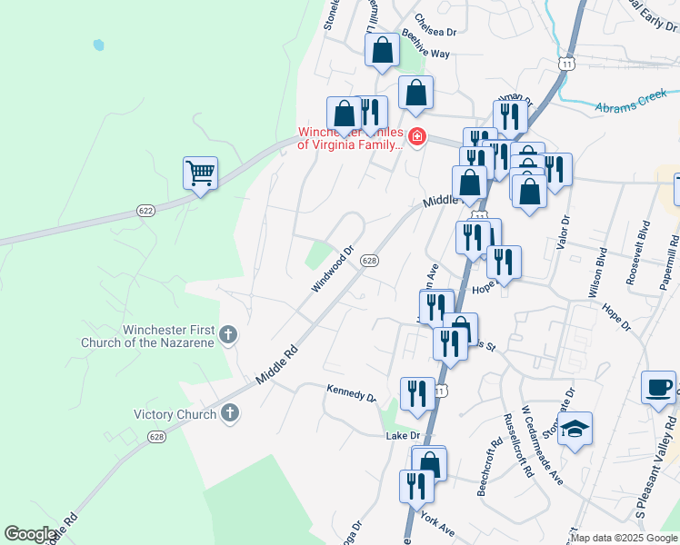 map of restaurants, bars, coffee shops, grocery stores, and more near 2624 Windwood Drive in Winchester