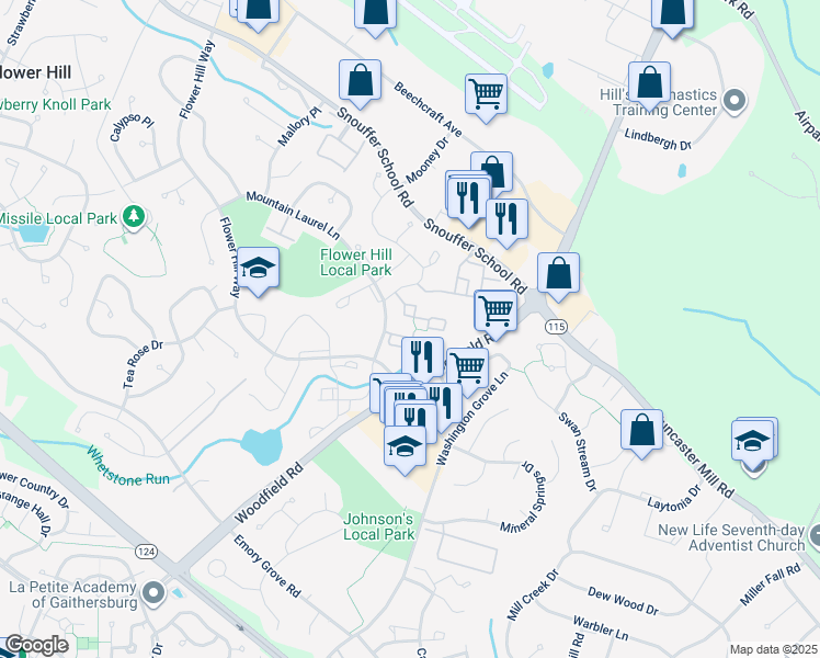 map of restaurants, bars, coffee shops, grocery stores, and more near 7907 Badenloch Way in Gaithersburg
