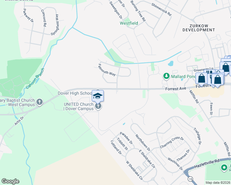 map of restaurants, bars, coffee shops, grocery stores, and more near 1618 Forrest Avenue in Dover