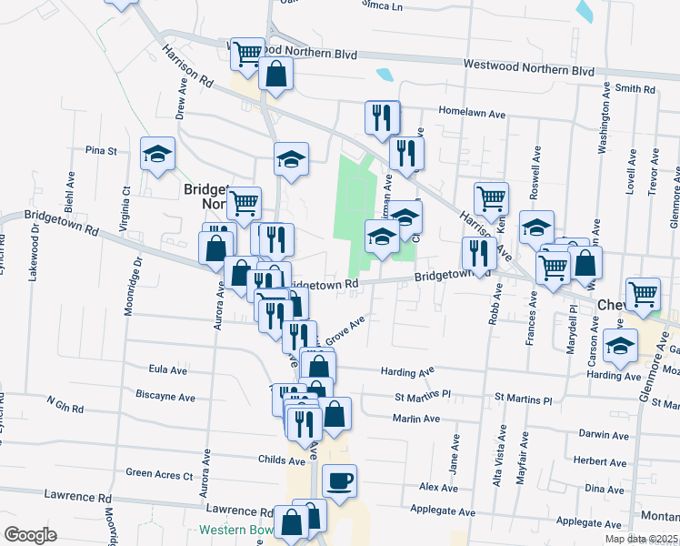 map of restaurants, bars, coffee shops, grocery stores, and more near 4471 Bridgetown Road in Cincinnati