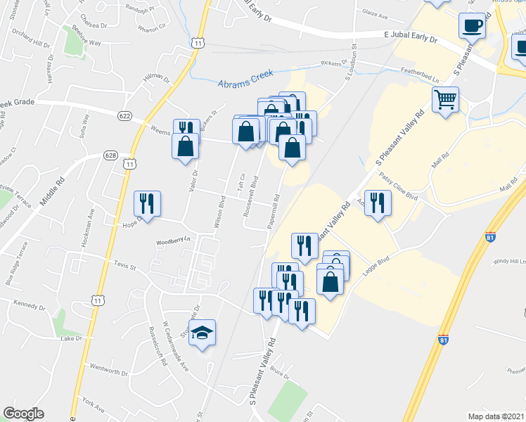 map of restaurants, bars, coffee shops, grocery stores, and more near 2342 Roosevelt Boulevard in Winchester