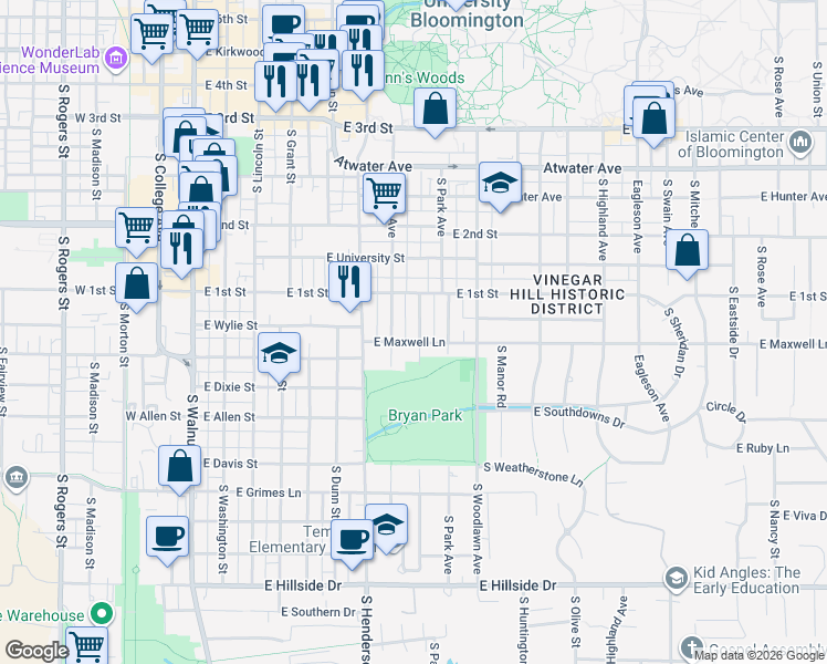 map of restaurants, bars, coffee shops, grocery stores, and more near 810 East Maxwell Lane in Bloomington