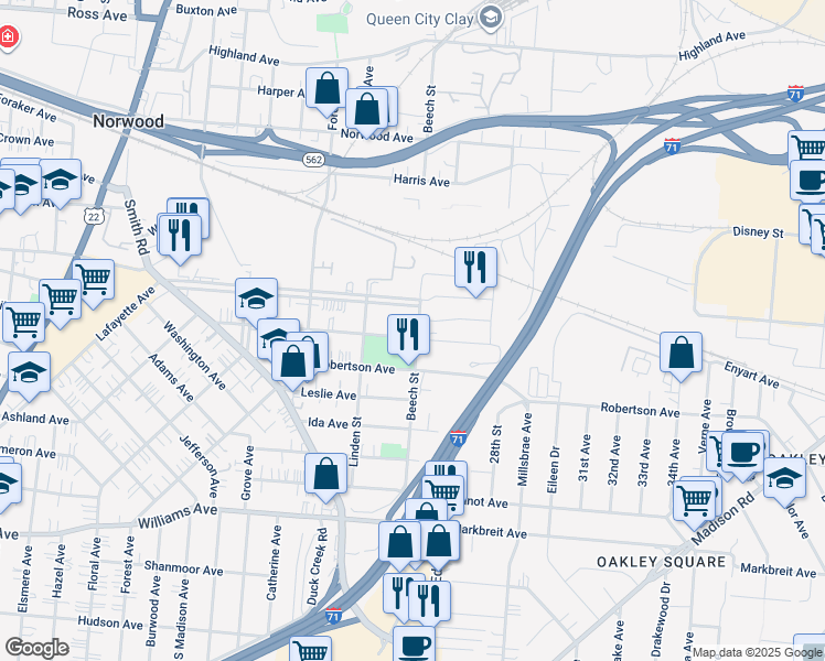 map of restaurants, bars, coffee shops, grocery stores, and more near 2642 Kenilworth Avenue in Cincinnati
