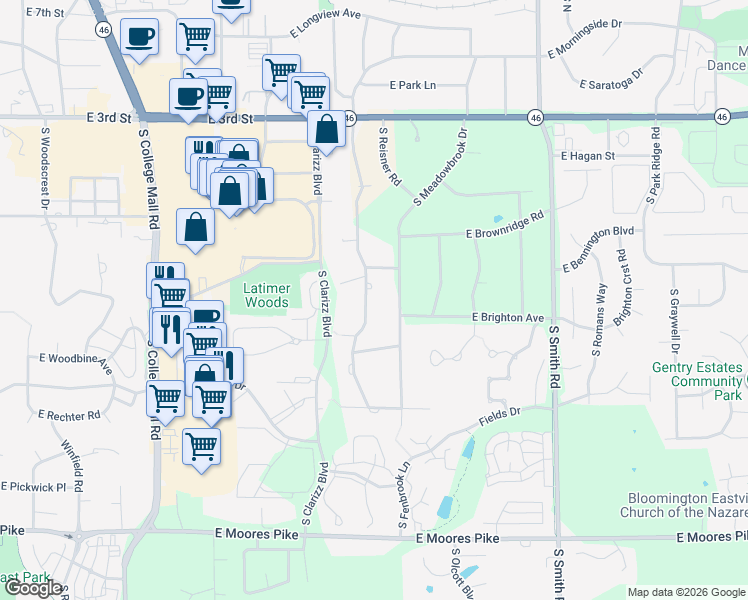 map of restaurants, bars, coffee shops, grocery stores, and more near 721 S Pleasant Ridge Rd in Bloomington