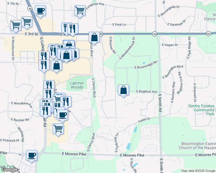map of restaurants, bars, coffee shops, grocery stores, and more near 721 South Pleasant Ridge Road in Bloomington