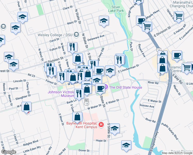 map of restaurants, bars, coffee shops, grocery stores, and more near in Dover