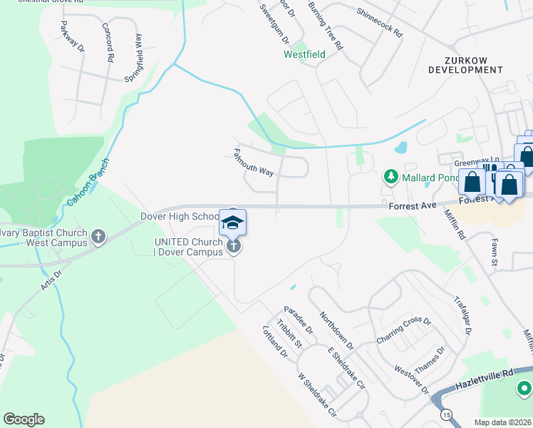 map of restaurants, bars, coffee shops, grocery stores, and more near 1618 Forrest Avenue in Dover