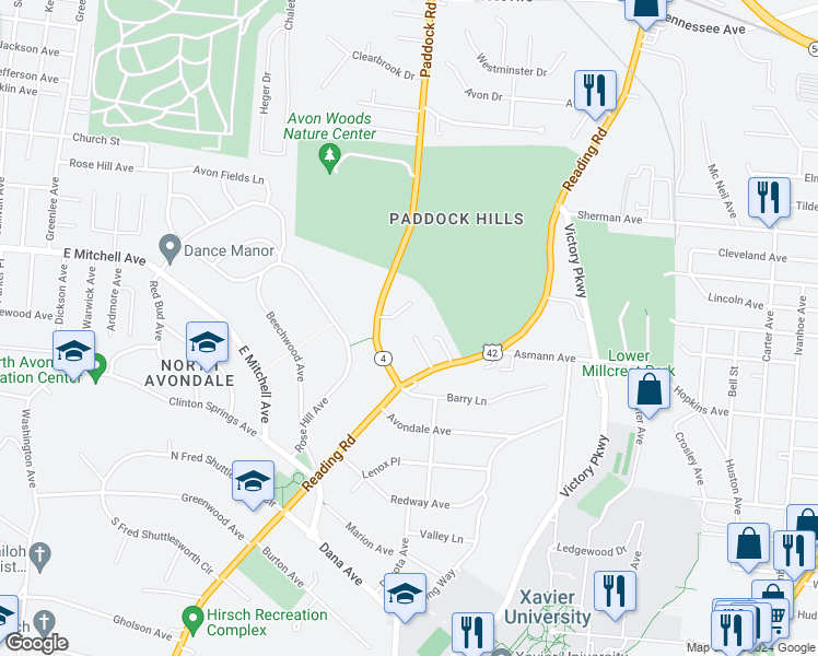map of restaurants, bars, coffee shops, grocery stores, and more near 4024 Paddock Road in Cincinnati