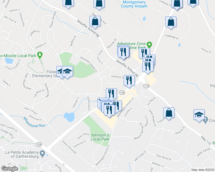 map of restaurants, bars, coffee shops, grocery stores, and more near 7911 Coriander Drive in Gaithersburg