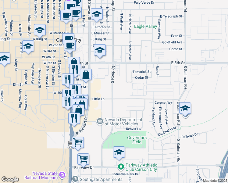 map of restaurants, bars, coffee shops, grocery stores, and more near 1368 Little Lane in Carson City