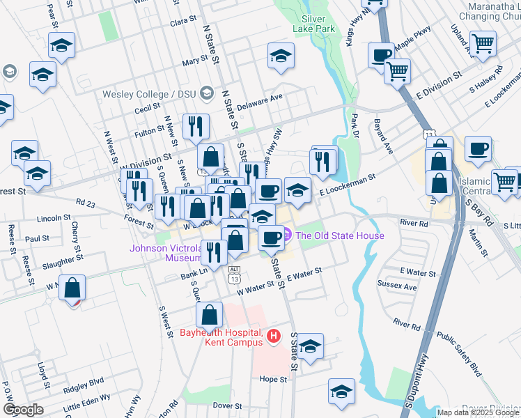 map of restaurants, bars, coffee shops, grocery stores, and more near in Dover