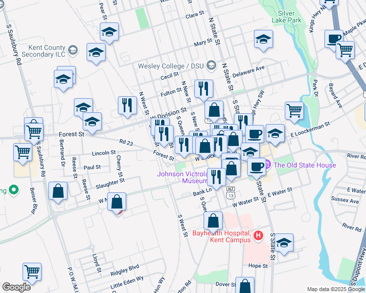 map of restaurants, bars, coffee shops, grocery stores, and more near 143 South Queen Street in Dover