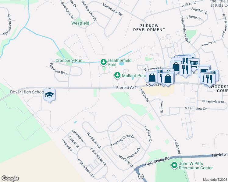 map of restaurants, bars, coffee shops, grocery stores, and more near 1538 Forrest Avenue in Dover