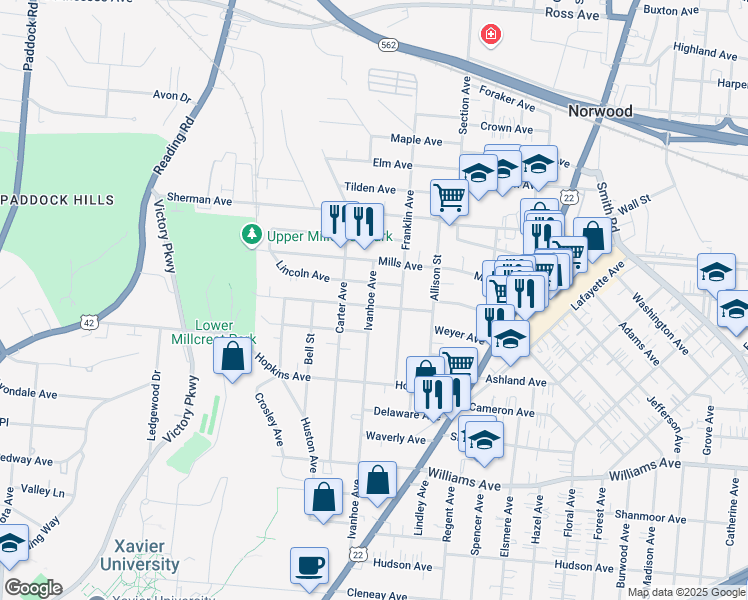 map of restaurants, bars, coffee shops, grocery stores, and more near 4315 Franklin Avenue in Cincinnati