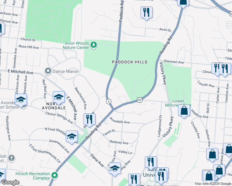 map of restaurants, bars, coffee shops, grocery stores, and more near 4024 Paddock Road in Cincinnati