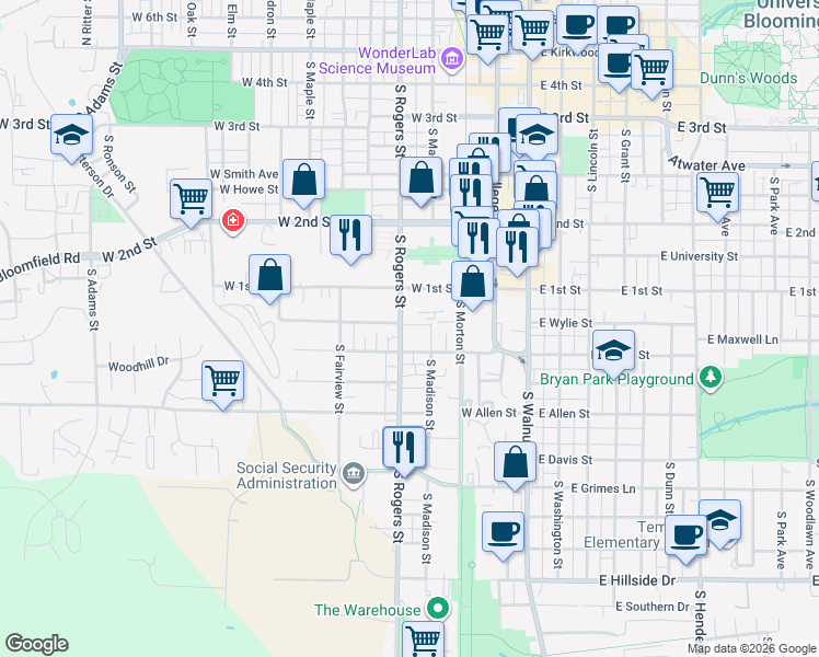 map of restaurants, bars, coffee shops, grocery stores, and more near 412 West Dodds Street in Bloomington
