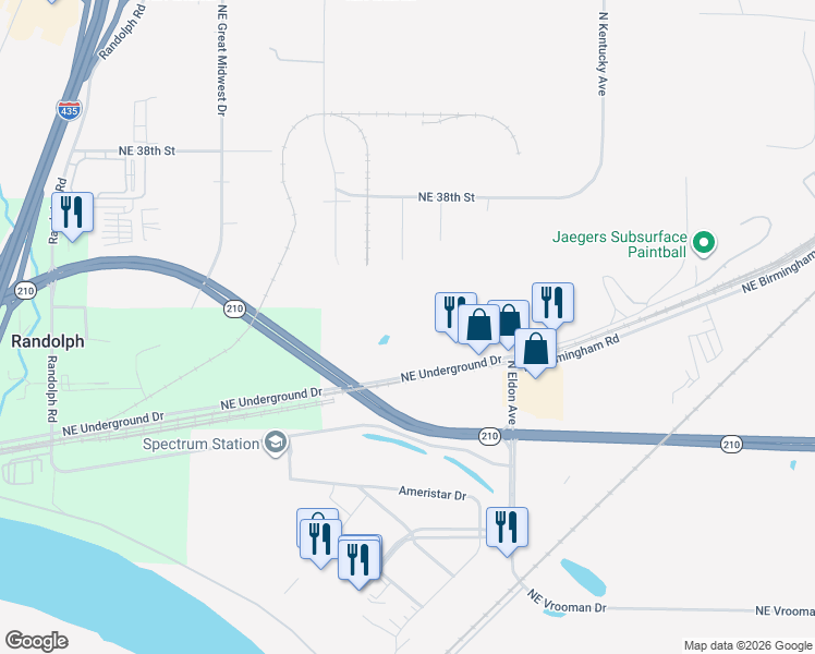 map of restaurants, bars, coffee shops, grocery stores, and more near 8300 Northeast Underground Drive in Kansas City
