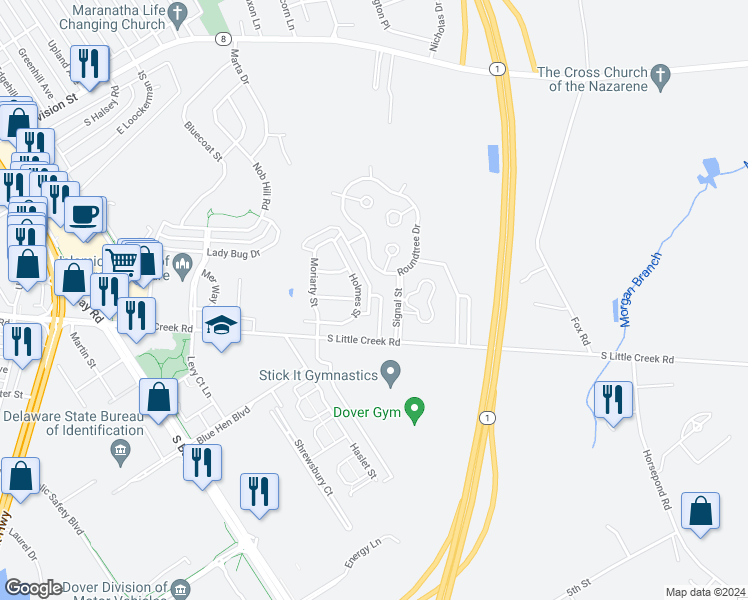 map of restaurants, bars, coffee shops, grocery stores, and more near 450 Barrister Place in Dover