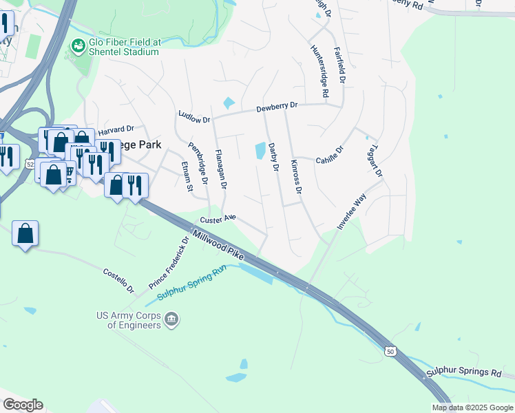 map of restaurants, bars, coffee shops, grocery stores, and more near 207 Stanley Drive in Winchester