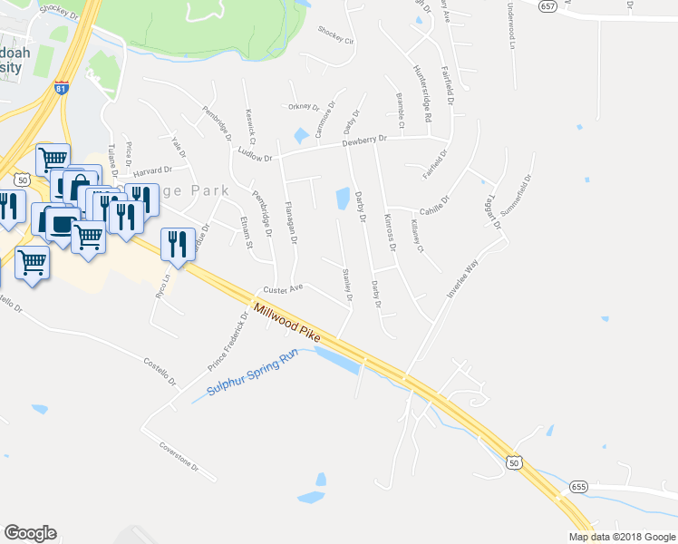 map of restaurants, bars, coffee shops, grocery stores, and more near 207 Stanley Drive in Winchester