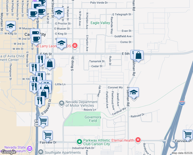 map of restaurants, bars, coffee shops, grocery stores, and more near 1039 Little Lane in Carson City