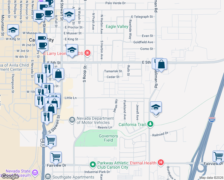 map of restaurants, bars, coffee shops, grocery stores, and more near 1039 Little Lane in Carson City