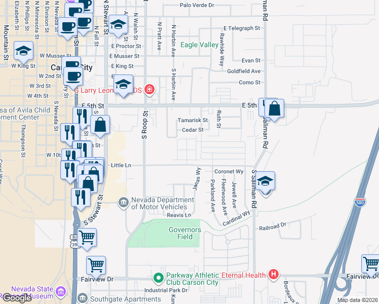 map of restaurants, bars, coffee shops, grocery stores, and more near 1039 Little Lane in Carson City