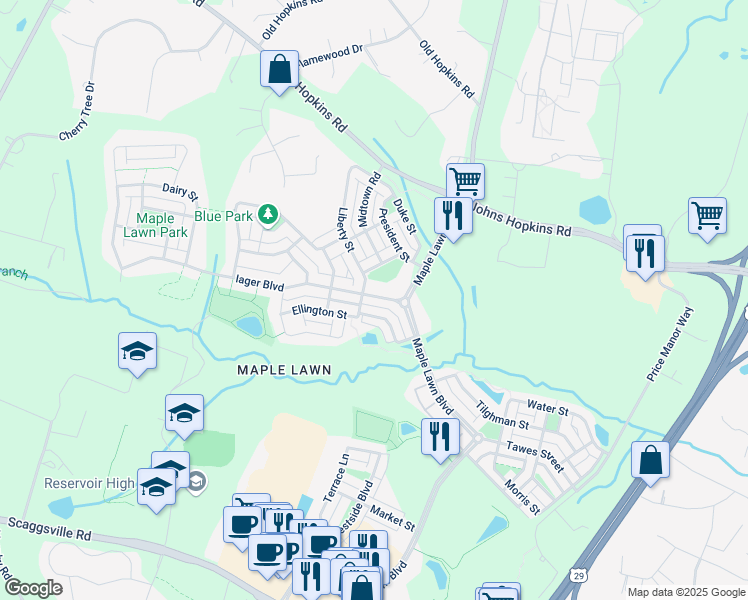 map of restaurants, bars, coffee shops, grocery stores, and more near 11385 Iager Boulevard in Fulton