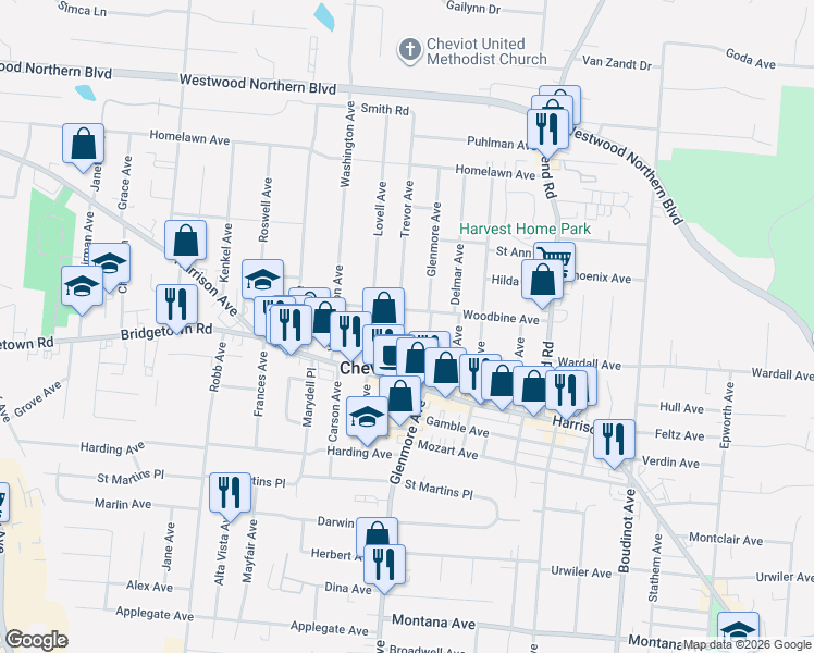 map of restaurants, bars, coffee shops, grocery stores, and more near 3720 Woodbine Avenue in Cincinnati