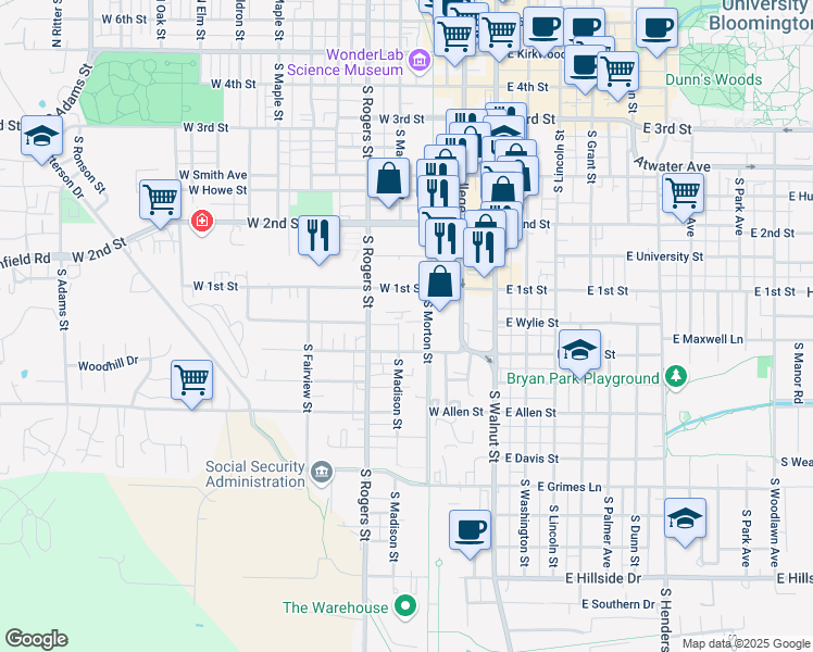map of restaurants, bars, coffee shops, grocery stores, and more near 720 South Morton Street in Bloomington