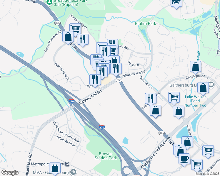 map of restaurants, bars, coffee shops, grocery stores, and more near 735 Watkins Mill Road in Gaithersburg