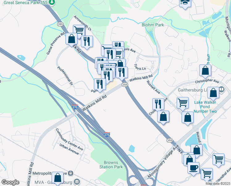 map of restaurants, bars, coffee shops, grocery stores, and more near 735 Watkins Mill Road in Gaithersburg