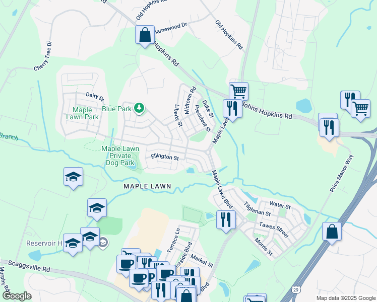 map of restaurants, bars, coffee shops, grocery stores, and more near 11395 Iager Boulevard in Fulton