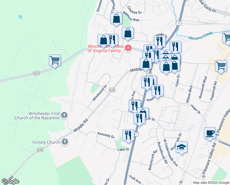 map of restaurants, bars, coffee shops, grocery stores, and more near 2524 Middle Road in Winchester