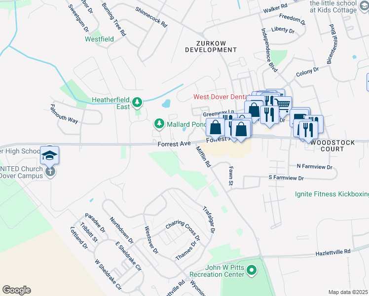 map of restaurants, bars, coffee shops, grocery stores, and more near 1510 Forrest Avenue in Dover