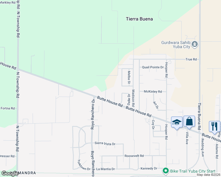 map of restaurants, bars, coffee shops, grocery stores, and more near 3233 Butte House Road in Yuba City