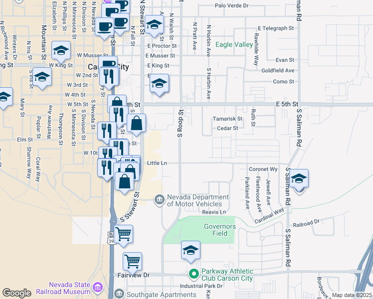 map of restaurants, bars, coffee shops, grocery stores, and more near 919 South Roop Street in Carson City