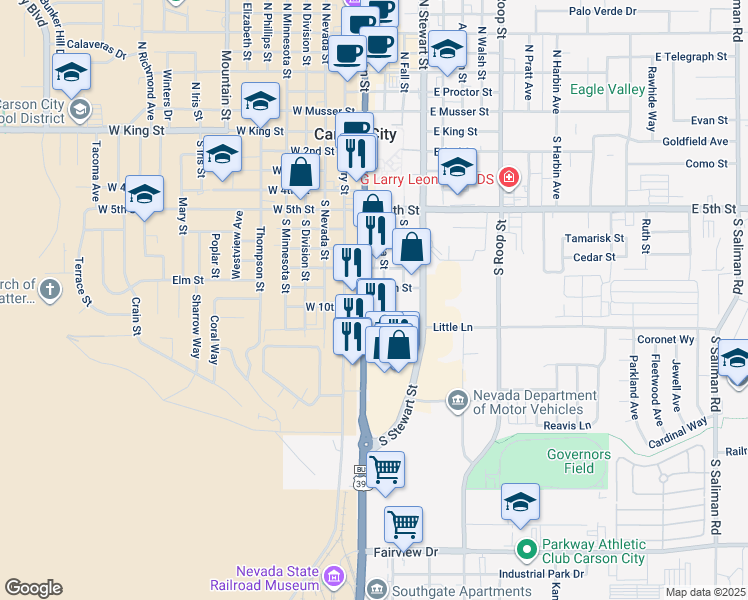 map of restaurants, bars, coffee shops, grocery stores, and more near 803 South Plaza Street in Carson City