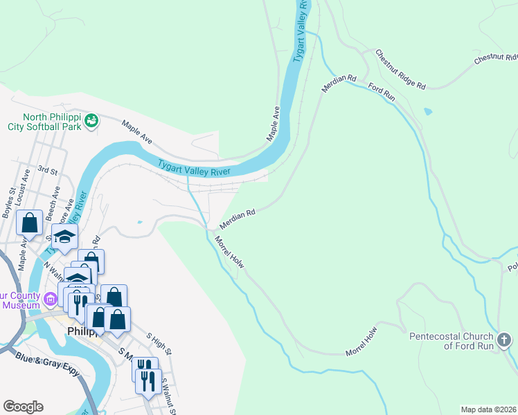 map of restaurants, bars, coffee shops, grocery stores, and more near 801 Merdian Road in Philippi