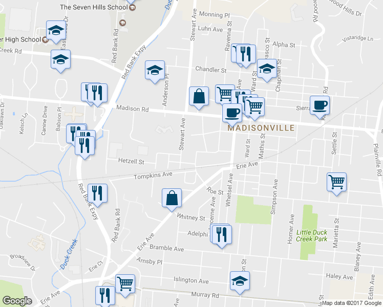 map of restaurants, bars, coffee shops, grocery stores, and more near 4820 Stewart Avenue in Cincinnati