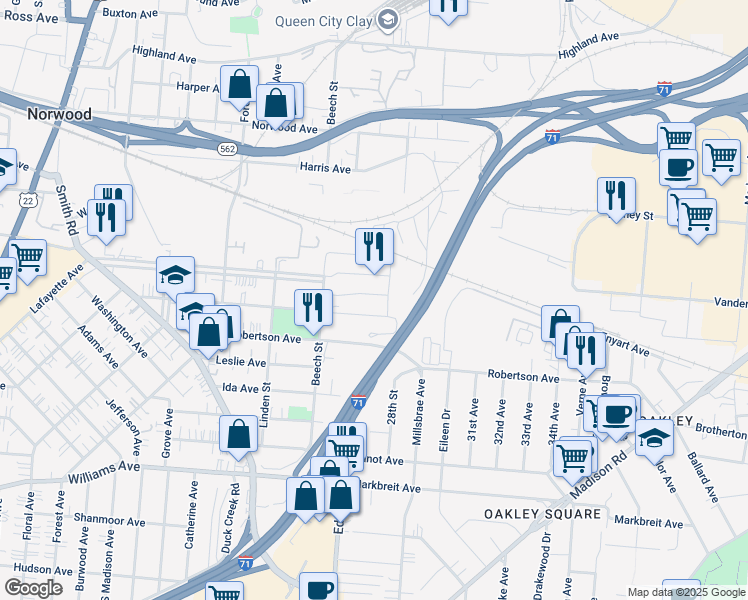 map of restaurants, bars, coffee shops, grocery stores, and more near 2642 Kenilworth Avenue in Cincinnati