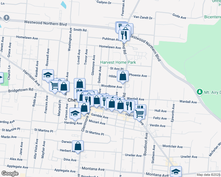 map of restaurants, bars, coffee shops, grocery stores, and more near 3510 Woodbine Avenue in Cincinnati