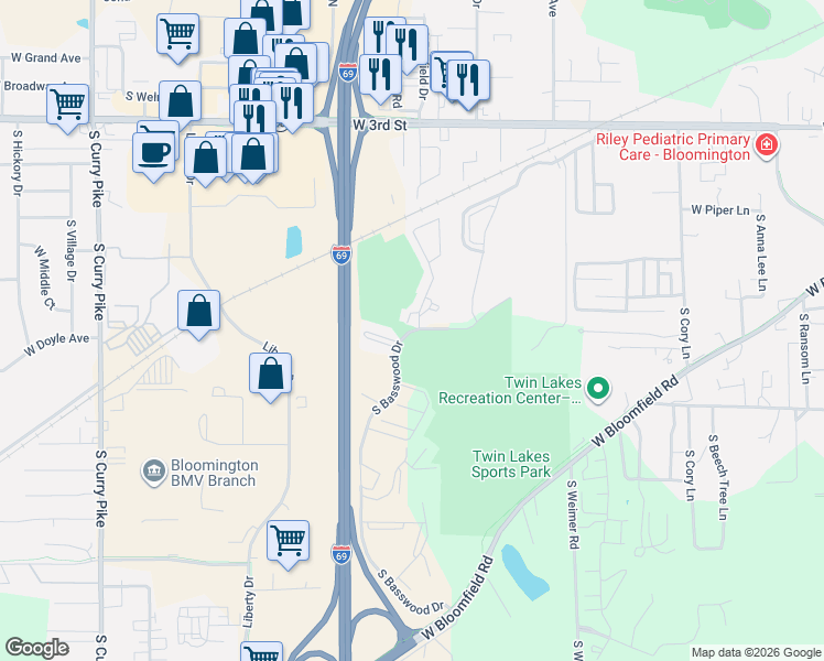 map of restaurants, bars, coffee shops, grocery stores, and more near in Bloomington