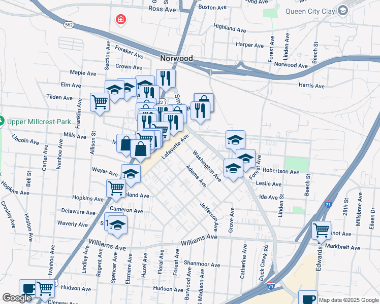 map of restaurants, bars, coffee shops, grocery stores, and more near 2212 Washington Avenue in Cincinnati