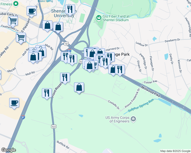 map of restaurants, bars, coffee shops, grocery stores, and more near 190 Delco Plaza in Winchester